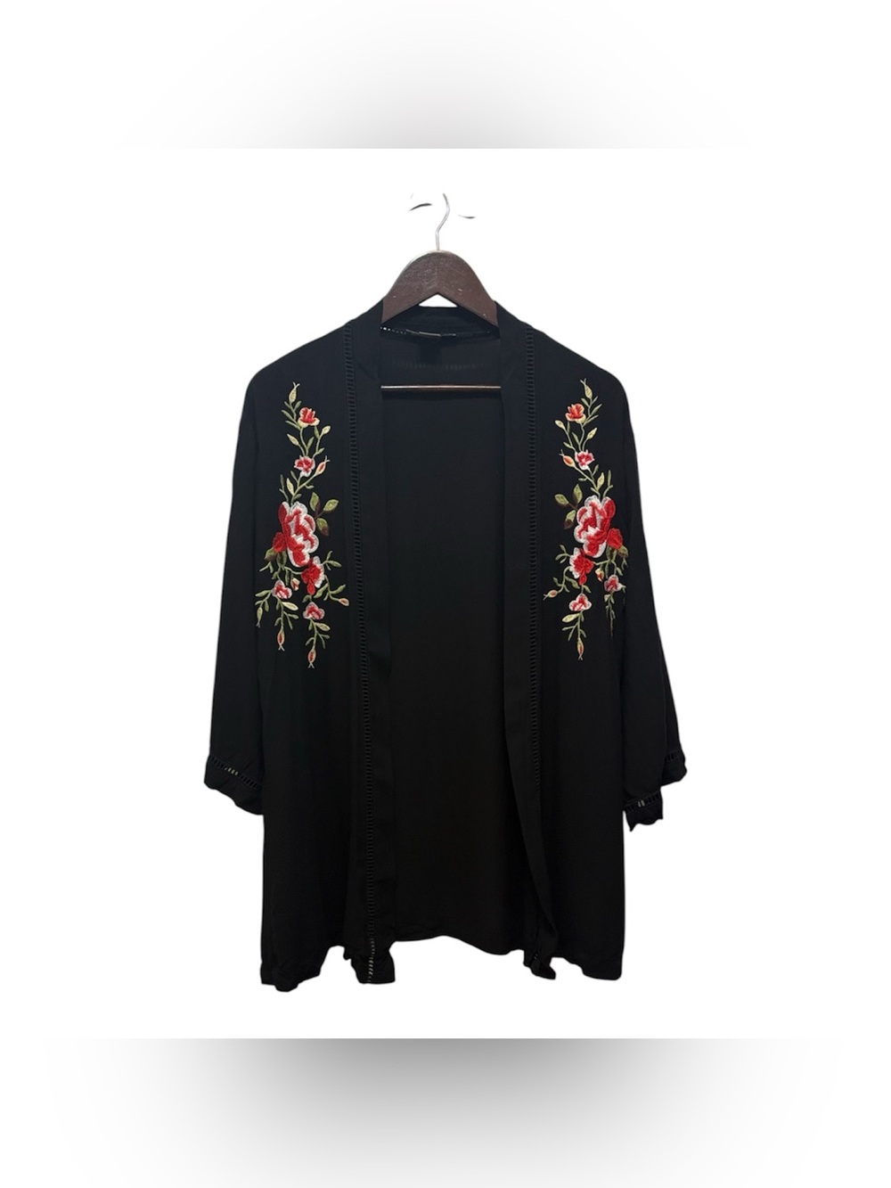 Suzy Shier Black Kimono Robe with Red Vibrant Floral Embroidery Coquette Boho